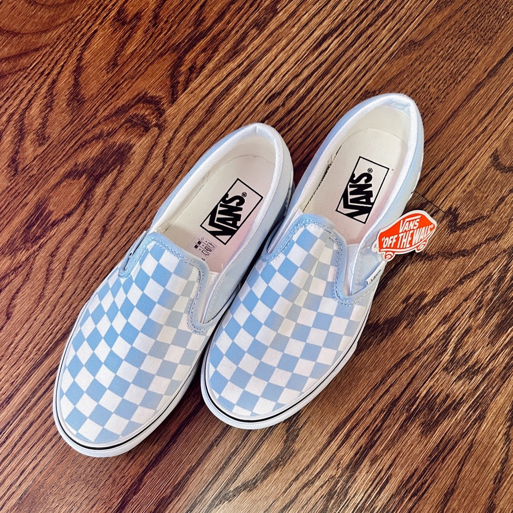 Size 8 slip on vans, light blue and white checkered
